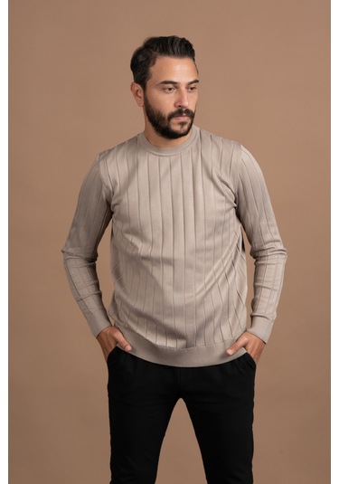 Sıfır Yaka Kendinden Çizgili Likralı Akrilik Mevsimlik Kazak Açık Kahverengi