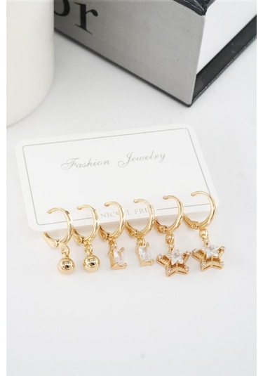 Kadın Zirkon Taşlı Sallantılı Yıldız Figürlü Klipsli 6'lı Küpe Seti Çok Renkli