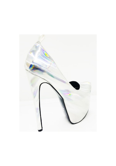 Tanem Gümüş Lame Hologram Platform Ince Yüksek Topuk Kadın Ayakka Gümüş