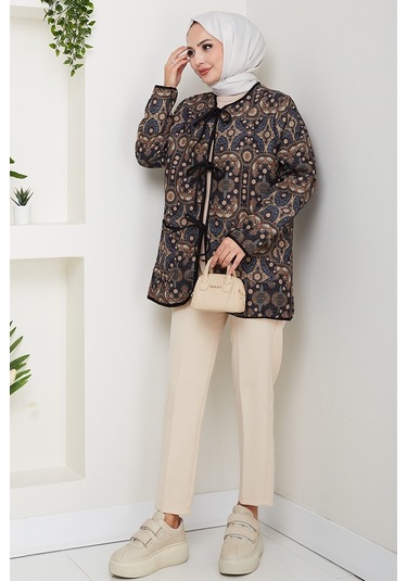 Etnik Desen Bağlamalı Kapitone Ceket 1618 - Siyah Siyah