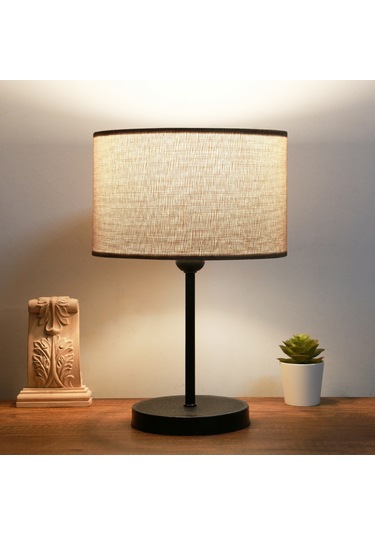 Neva Siyah Metal Ayaklı Modern Abajur Silindir Kumbeji Kumaş Başlık Bej