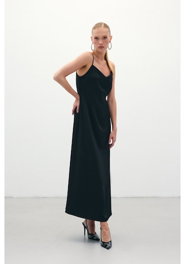 Sateen Askılı Uzun Saten Elbise - Siyah-136327 Siyah