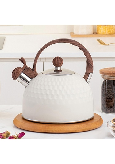 Tcherchi Paslanmaz Çelik Ahşap Saplı Çaydanlık Beyaz