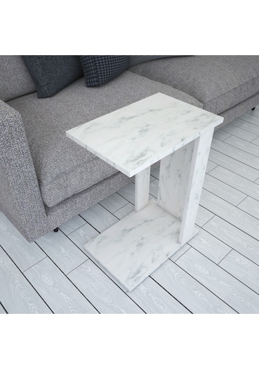 Pasific Home Single Çok Amaçlı Tekerlekli C Sehpa ,Koltuk Sehpası - Beyaz Mermer