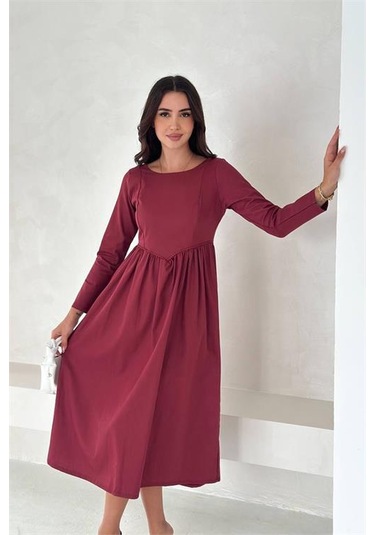 Neşeli Butik Kadın Sırt Dekolteli Uzun Kollu Midi Elbise Nbk4311 Bordo