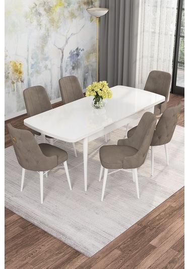 Mona Beyaz 80x132 Açılabilir Mdf Masa Yemek Odası Takımı, Mutfak Takımı 6 Adet Sandalye Beyaz Masa - 6 Cappuccino - Beyaz Ayak