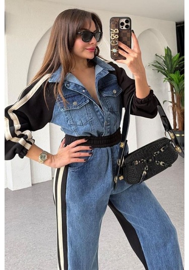 Kadın Kot Garnili Siyah Şeritli Palazzo Alt Üst Takım Çok Renkli