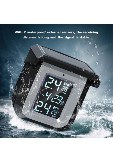 Tpms Solar Kablosuz Motosiklet Lastik Basıncı Dedektörü Ip68 Su Geçirmez Gerçek Zamanlı Monitör İzleme Sistemi, 2 Harici Sensör İle