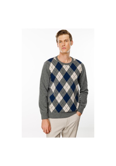 Desen Triko Erkek Sıfır Yaka Önü Baklava Desenli Kazak 24511 Füme Füme