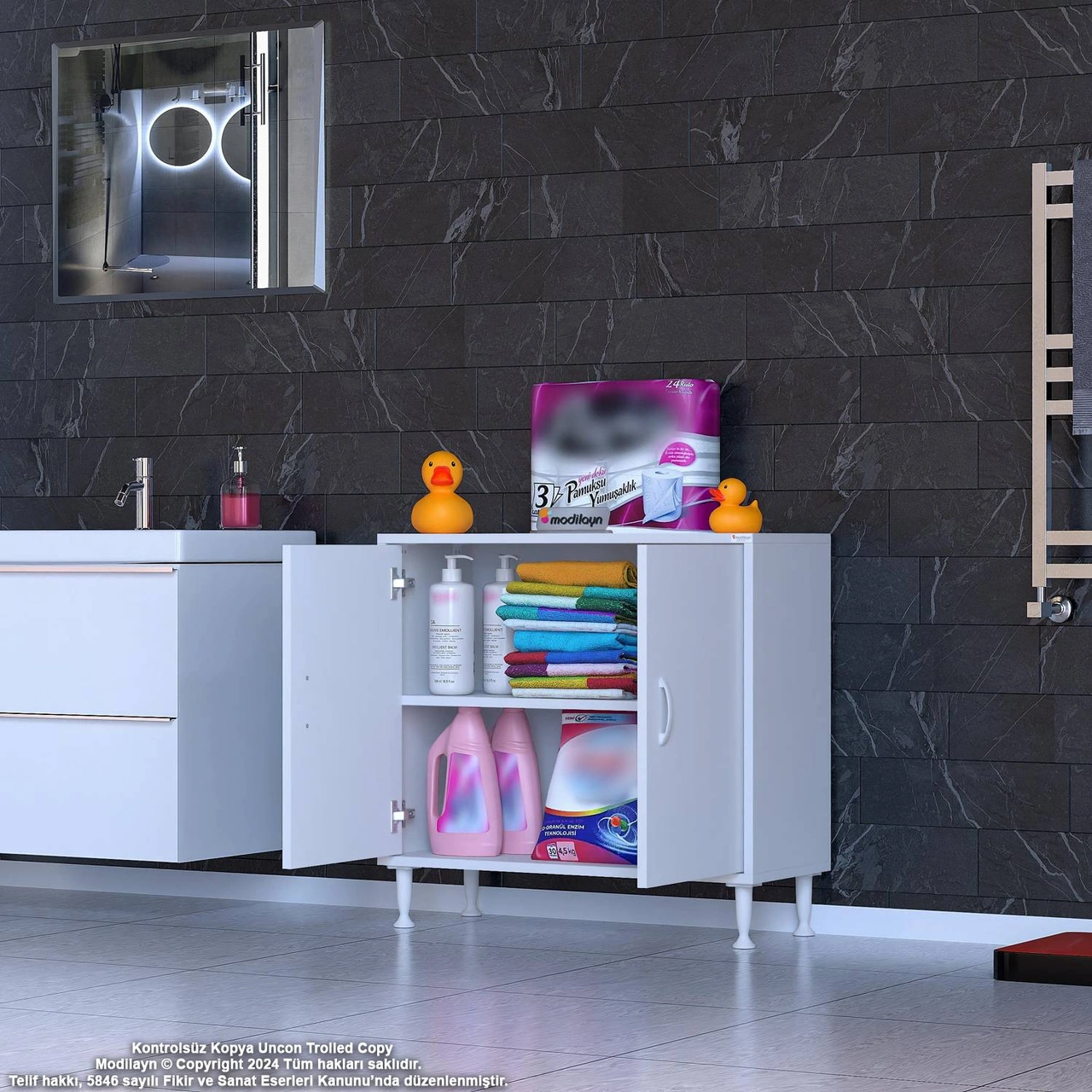 Efil Dolap Dar Alanlar İçin Çok Amaçlı Dolap Çift Kapaklı 2 Göz Raf Dolap 80x75x32,5 Cm Beyaz