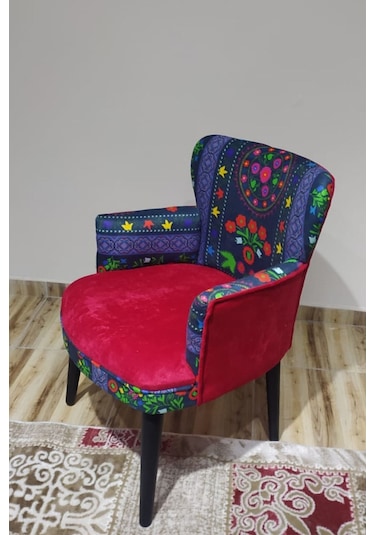 Kayser Home Berjer - Tekli Koltuk - Etnik Desen - Ahşap Ayak - Nubuk Kumaş - Kırmızı Kırmızı