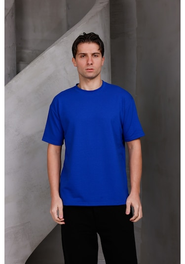 Erkek Basic Oversize Bisiklet Yaka 2 İki İplik Kompakt T-shirt Saks