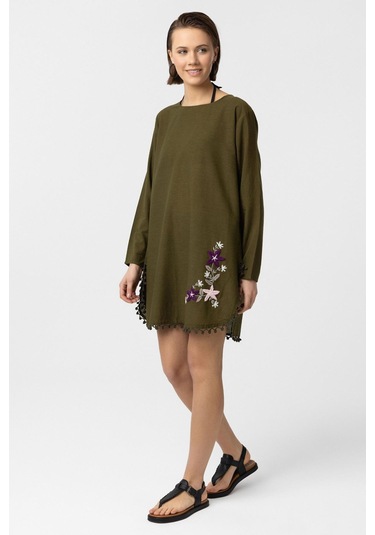 Yeşil Nakış İşlemeli Uzun Kollu Pamuklu Bluz Elbise Yeşil