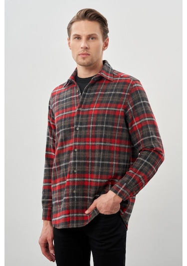 Bordo Yünlü Ekose Desen Yumuşak Yaka Cepsiz Uzun Kol Casual Comfort Fit Gömlek 1004245227 Bordo