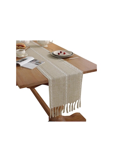 Gri Rustik Masa Koşucular, El Yapımı Püsküllü, Vintage Dokuma Pamuk Keten Masa Koşucu Uzun Parti Yemek Masası Dekorasyonu İçin 33 220