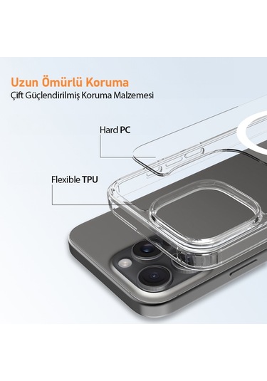 Apple İphone16 Pro Kılıf Magsafe Wireless Kablosuz Şarj Destekli Şeffaf Darbe Emici Kapak Şeffaf