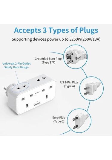 Honeybeeshop Yp10w Mscıen 3 Çıkışlı Avrupa Güç Adaptörü Aşırı Gerilim Korumalı 2 Usb Portlu Yangına Dayanıklı 250v 3250w Seyahat Ve Ofis Adaptörü