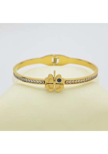 Taşlı Yonca Çelik Kelepçe Gold