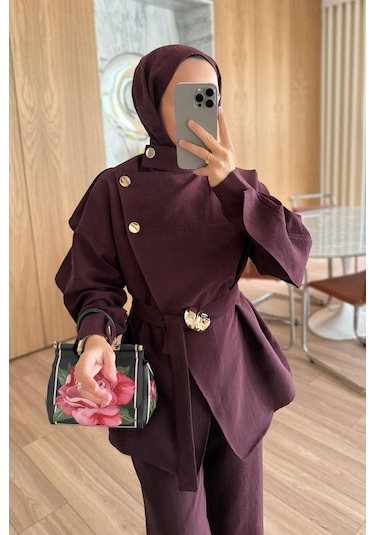 Kahijab Omuz Düğmeli Trenç Takım - Bordo Bordo