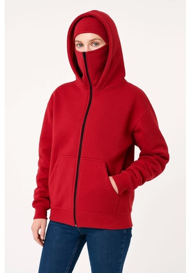 Samuray Ninja Çift Kapüşonlu Hoodie Oversize Kanguru Cepli, Bahar - Kışlık Fermuarlı Sweatshirt- Kırmızı Kırmızı