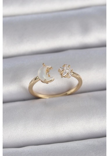 Ceylan Adam Pirinç Gold Renk İncili Hilal Zirkon Taşlı Yıldız Ayarlanabilir Model Kadın Yüzük Çok Renkli