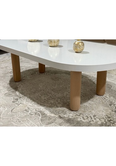 Oval Model 120x60 Cm Kalın Kenarlı Orta Sehpa Ahşap Ayaklı Beyaz