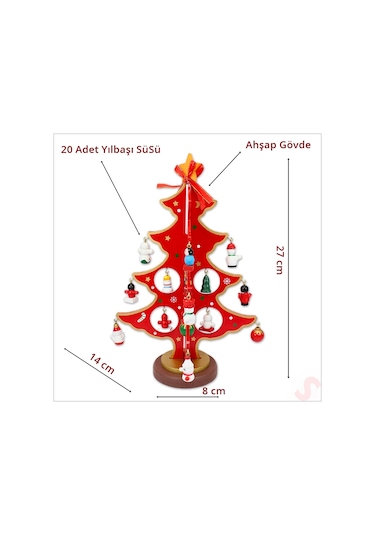20 Parça Süslü Ahşap 27cm Mini Yılbaşı Ağaç Seti - Kırmızı