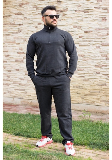 Antrasit Dik Balıkçı Yaka Rahat Kalıp Yarım Fermuarlı Erkek Eşofman Takım 21EESTYAKT Antrasit