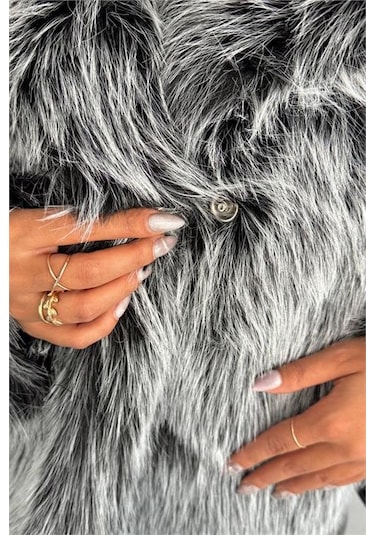 Dip Moda Kadın Gri İthal Kumaş 1. Kalite Kürk Kaban Dpnbg053 Gri