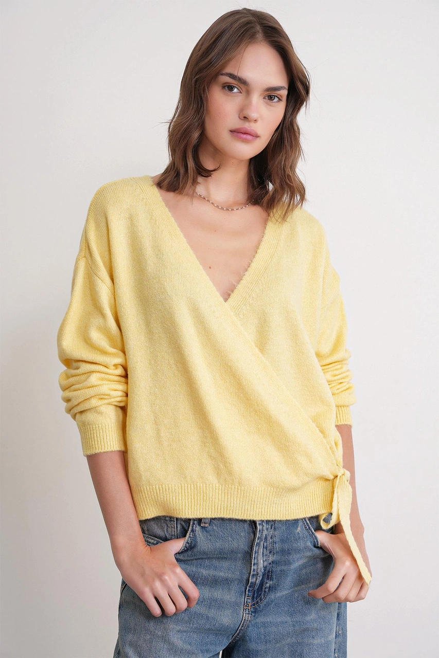 6959 Kadın Fiyonklu Triko Hırka Sarı Sarı