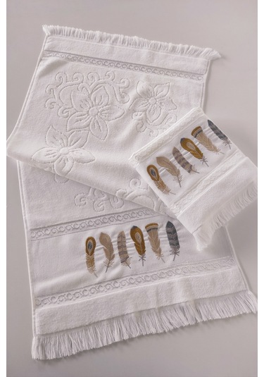2'li Nakışlı Kadife El Havlusu -jakarlı Tüy İşlemeli Yüz Havlusu - %100 Pamuk Beyaz Beyaz
