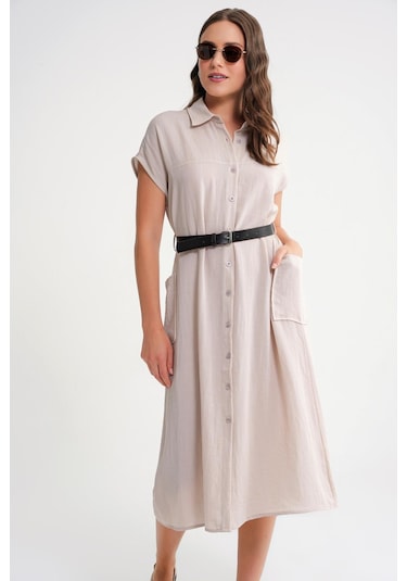 4453 Kadın Keten Cepli Midi Kemerli Elbise Taş Taş