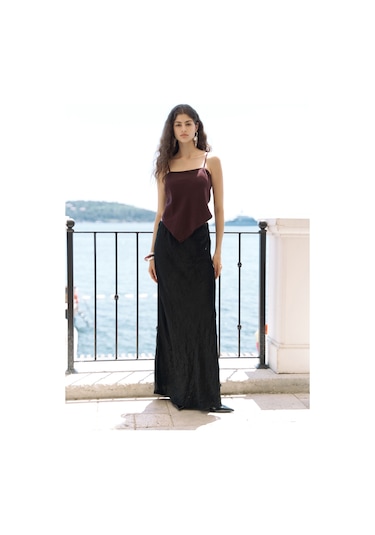 Eubah Kırışık Uzun Siyah Saten Etek Siyah