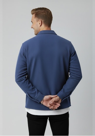 Deepsea Mavi Cepli Likralı Kadife Kumaş Rahat Kesim Erkek Gömlek Yumuşak Dokulu, Şık Tasarım Gömlek 2600759 Mavi