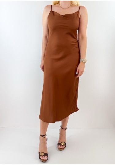 Modaonna Kahverengi Saten Midi Elbise