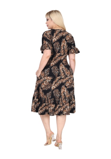 Melsay Butik Siyah Başak Desen Büyük Beden Eteği Fırfırlı Cepli Elbise Siyah
