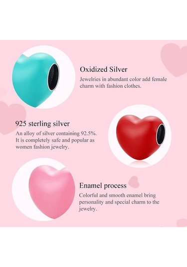 Pembe Wostu Emaye Pürüzsüz Kırmızı, Pembe Ve Mavi Üç Renkli Kalp Şekli 925 Ayar Gümüş Göz Alıcı Boncuk Fit Bilezik Bileklik Güzel Takı
