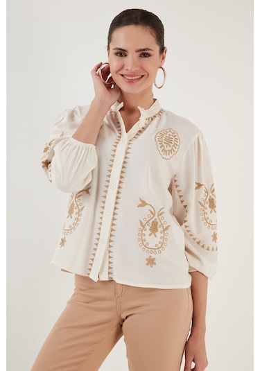 Lela Nakış Işlemeli Truvakar Kol Hakim Yaka Pamuklu Şile Bezi Bayan Gömlek 611Bz0044 Ekru-Bej
