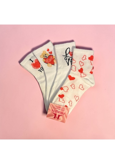 Heren Socks Kalp Love Temalı 4'lü Kolej Boy Kadın Soket Beyaz