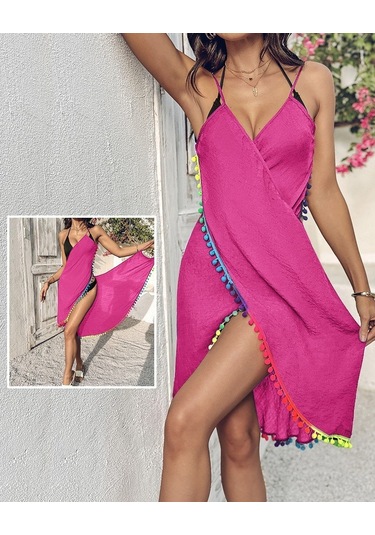 Kadın Askılı Derin V Yakalı Çapraz Geçmeli Ponponlu Bürümcük Pareo Pembe