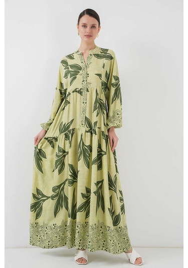Gabria Ön Düğmeli Desenli Viskon Elbise Fıstık Yeşili