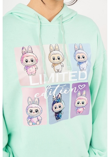 Kız Çocuk Labubu Baskılı 3 İplik Kışlık Şardonsuz Sweatshirt 4540 Mint