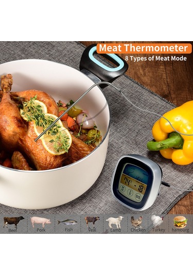 Padalink Siyah Dokunmatik Ekranlı Gıda Termometresi, 8 Et Türü Seçeneği, Zamanlayıcı Ve Alarm Özelliği, Çelik Prob, -10 C 250 C Aralığı, Sn124c Modeli Pil Yok Çok Renkli