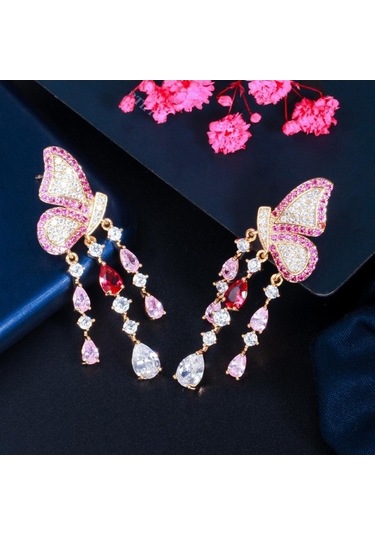 Novahub Sarı Altın Kelebek Küpe, Damla Püskül, Siyah Altın Renk, Kadın, 4.7 Cm Çok Renkli