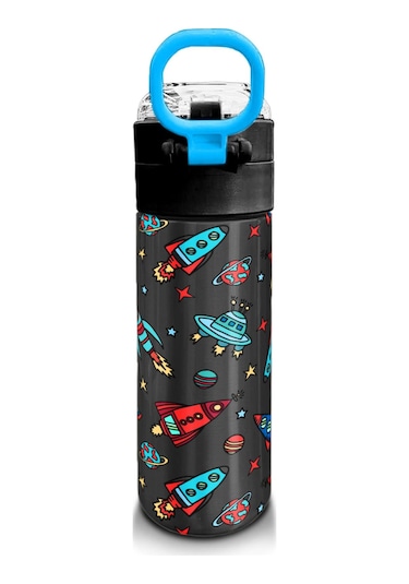 Coral High Kids Koyu Gri Kırmızı Uzay Desenli Pipetli Ve Direkt İçim Çelik Termos 500 Ml 31916 Koyu Gri