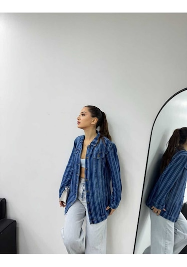 Shevega Kadın Çizgili Mavi Işlemli Boyfriend Kot Ceket Mavi