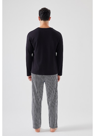 Erkek Pamuklu Uzun Kollu Üst Astronot Baskılı Alt Çizgili Pijama Takımı Ke30106 Siyah - Beyaz