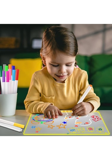 Hombey 30x20cm Büyük Led Işıklı Akrilik Tahta - 12 Renkli Kalem, Açı Ayarlanabilir Tripod, Silme Bezi Ve Şarj Aleti İle Yeniden Kullanılabilir Çizim Ve Not Alma Tablosu Beyaz