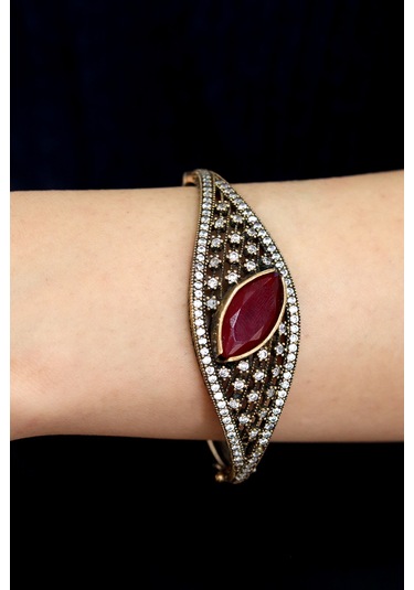 Yakut Taşlı Zirkon Süsleme El İşi Gümüş Otantik Kadın Bilezik 201024743 Gümüş