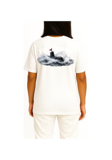 Bahriyeli Collection Oversize Tcg Pirireis Dalgalar Arası Cep Ve Sırt Baskılı Unisex T-shirt Beyaz